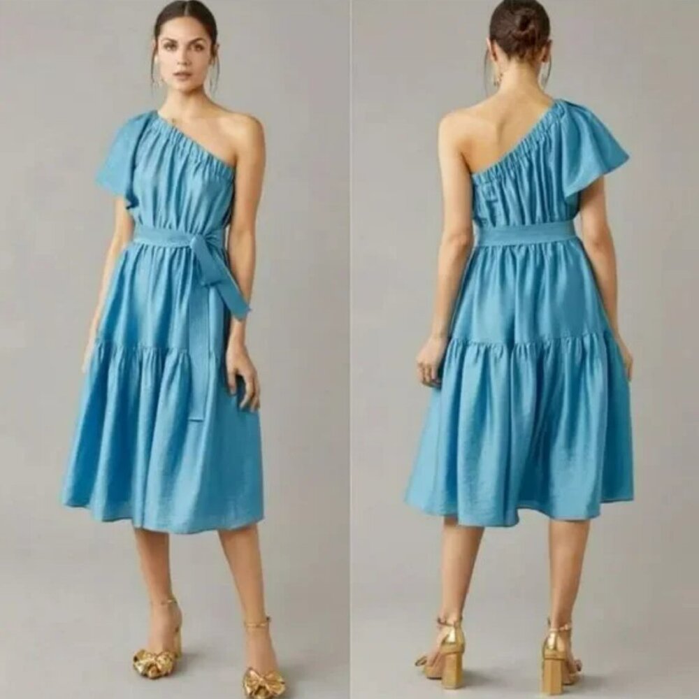 NWT - Current Air - Blue One Shoulder Tiered Belted Midi Dress - Size Small